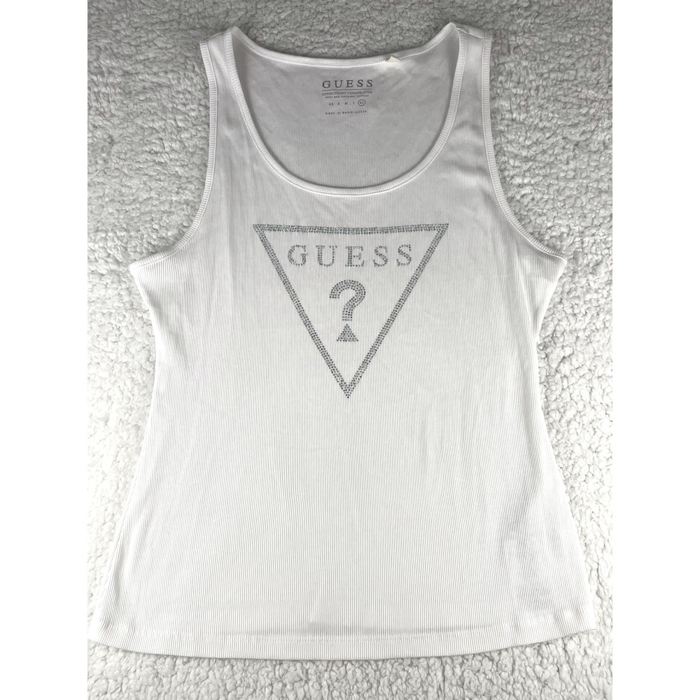 Y2K Vintage Guess Women's White Ribbed Rhinestone Cami XL